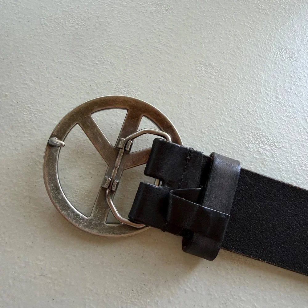 Brighton Women's 36 Black Leather Peace Sign Buckle Studded Belt Boho Hippie Y2K